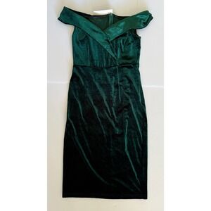 Retro Stage Velvet Off Shoulder Pencil Dress Dark Green Medium Elegant Vintage